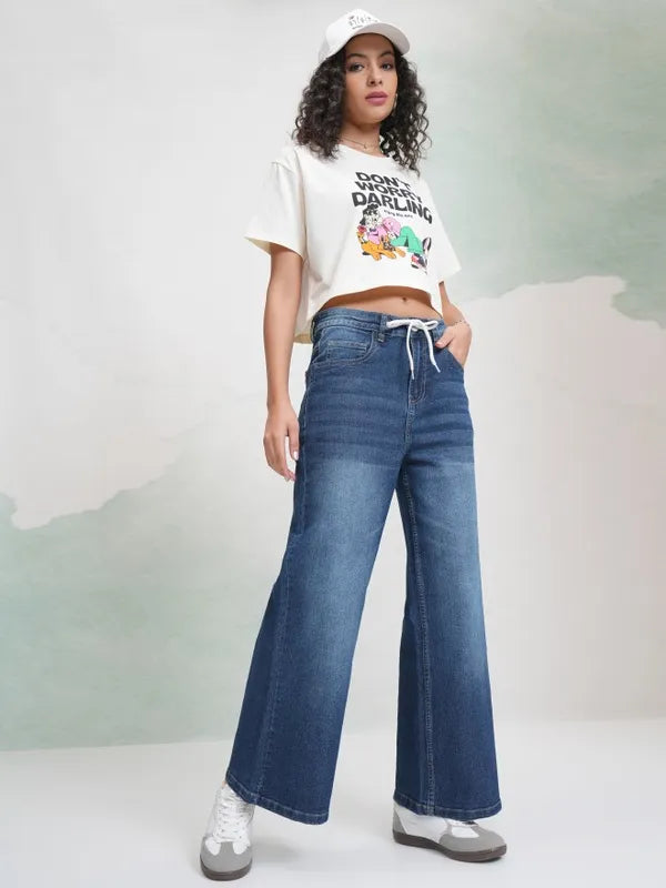 Blue Wide Leg Denim Jeans for Women Comfortable Stretchable Everyday Trousers