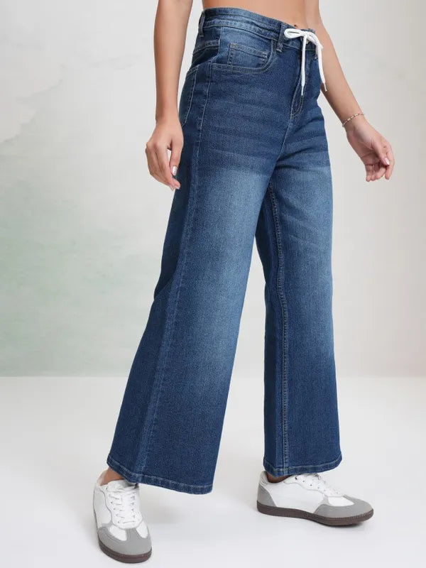 Blue Wide Leg Denim Jeans for Women Comfortable Stretchable Everyday Trousers