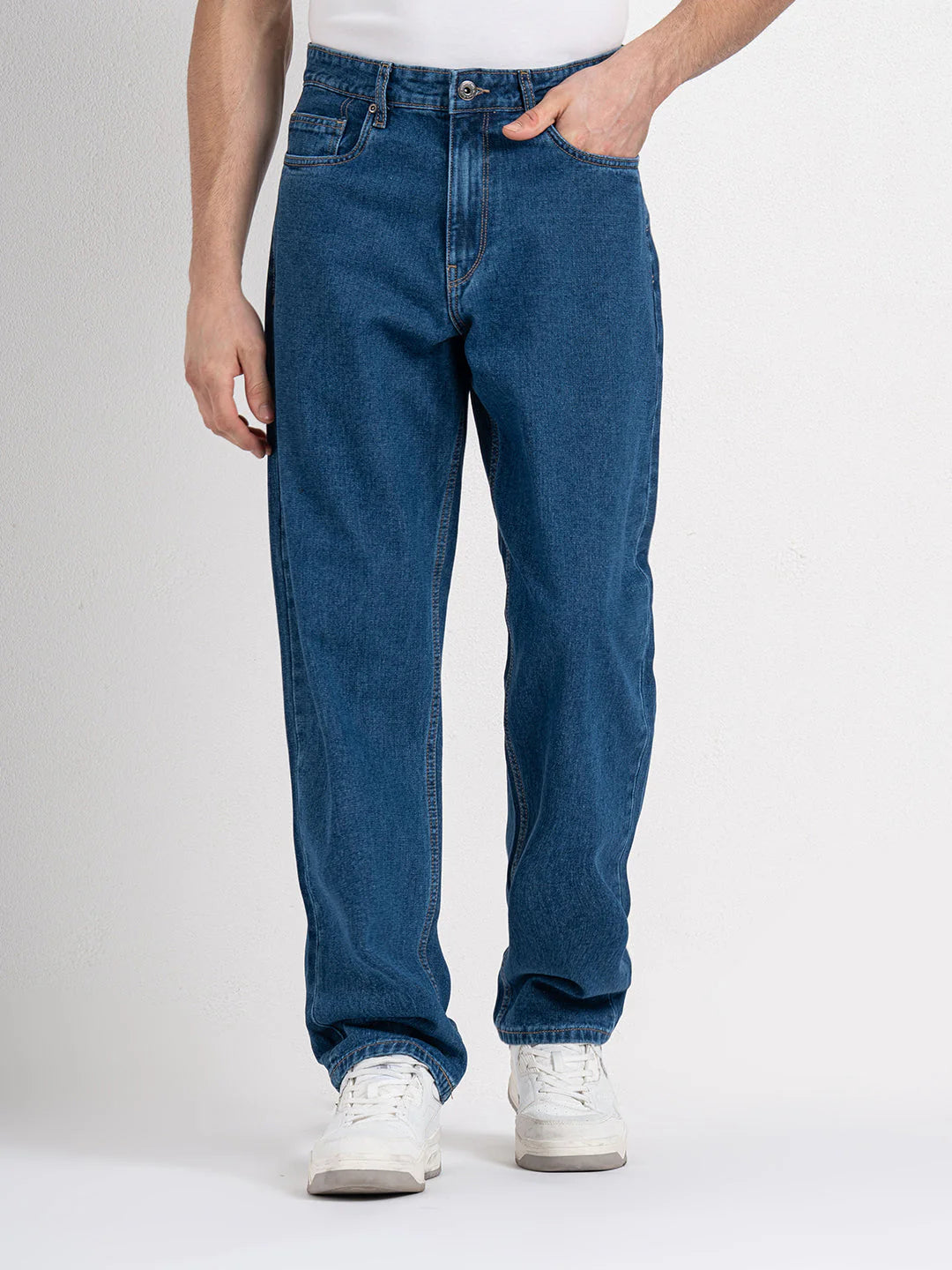 Relaxed Fit Baggy Mid Blue Jeans for Men with Comfortable Cotton Fabric