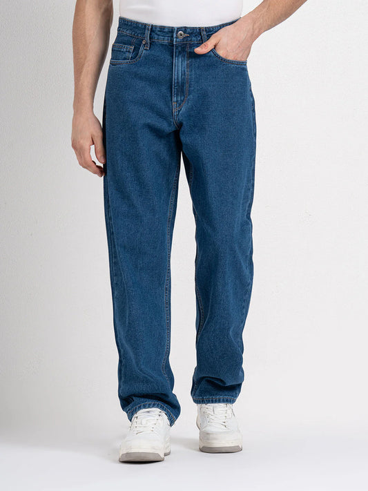 Relaxed Fit Baggy Mid Blue Jeans for Men with Comfortable Cotton Fabric