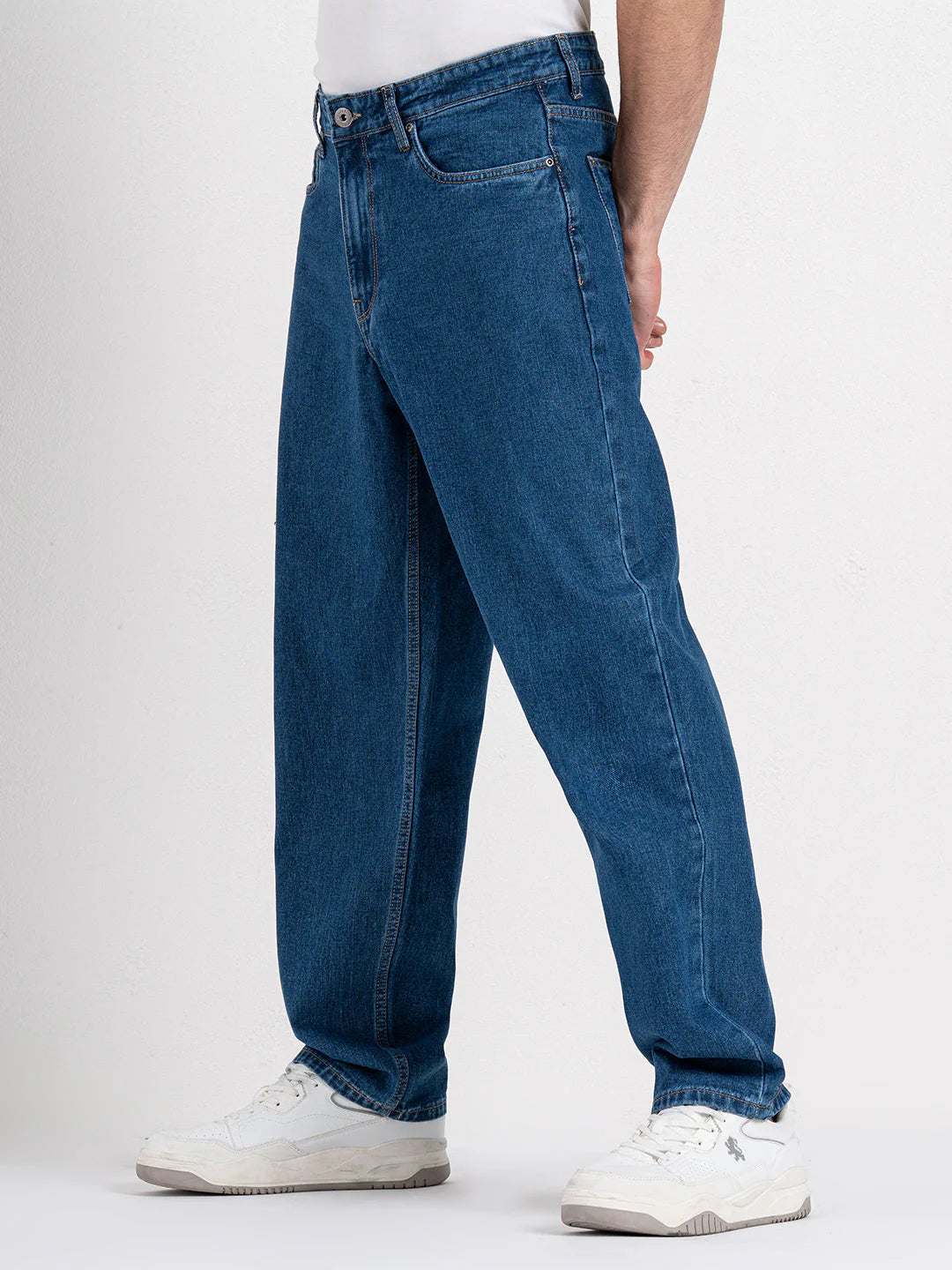Relaxed Fit Baggy Mid Blue Jeans for Men with Comfortable Cotton Fabric