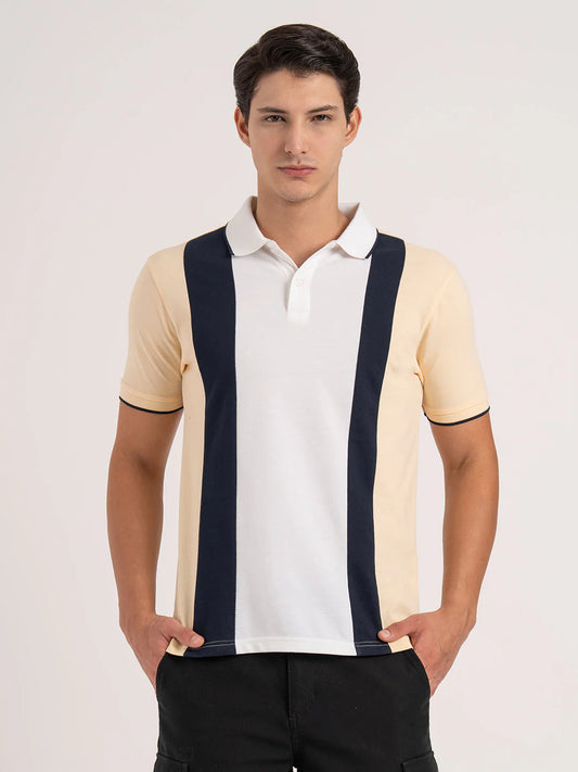 Trendsetting Men’s Polo T-Shirt in Light Yellow with Contemporary Color Block Design and Comfortable Fit