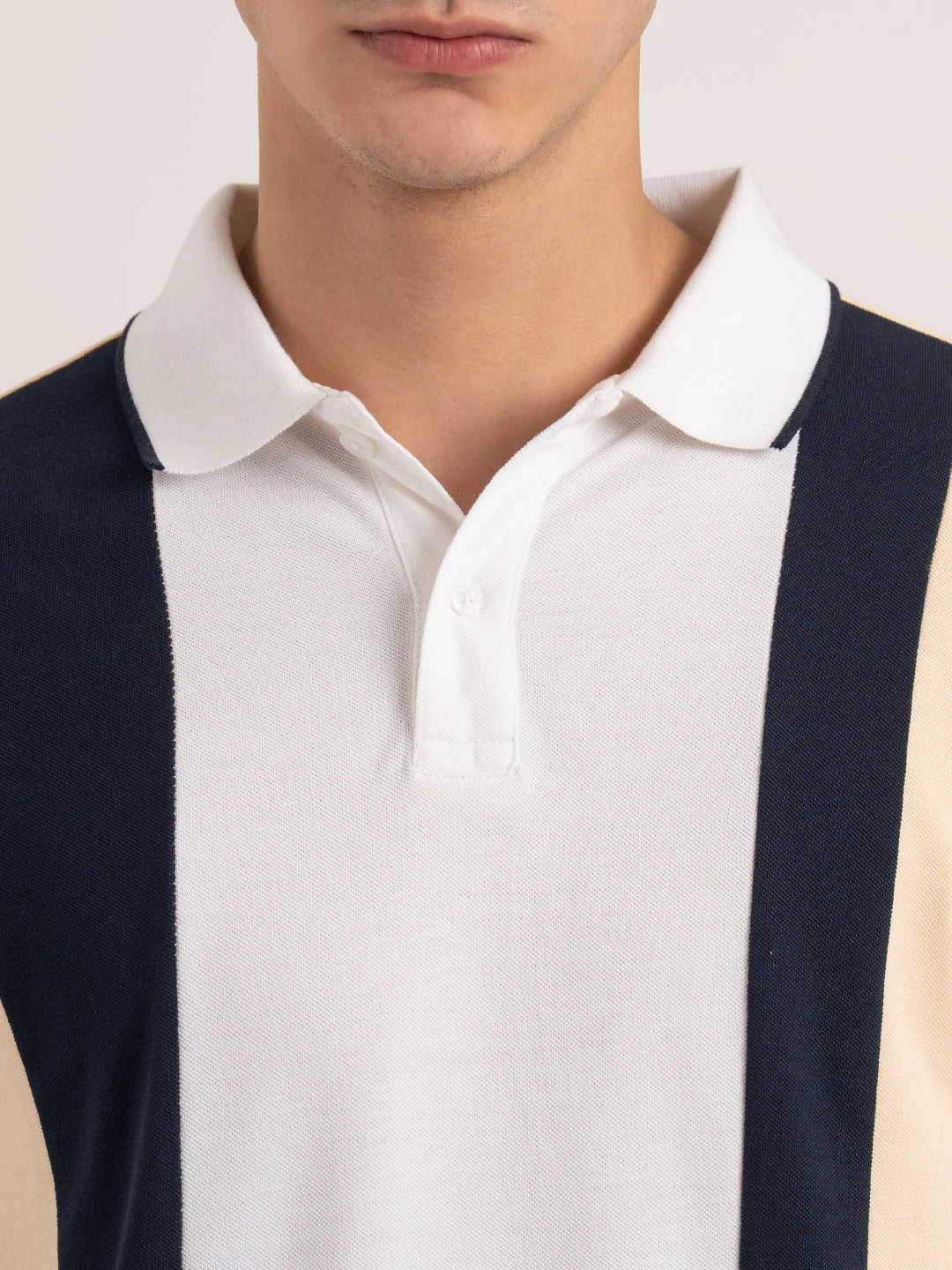 Trendsetting Men’s Polo T-Shirt in Light Yellow with Contemporary Color Block Design and Comfortable Fit