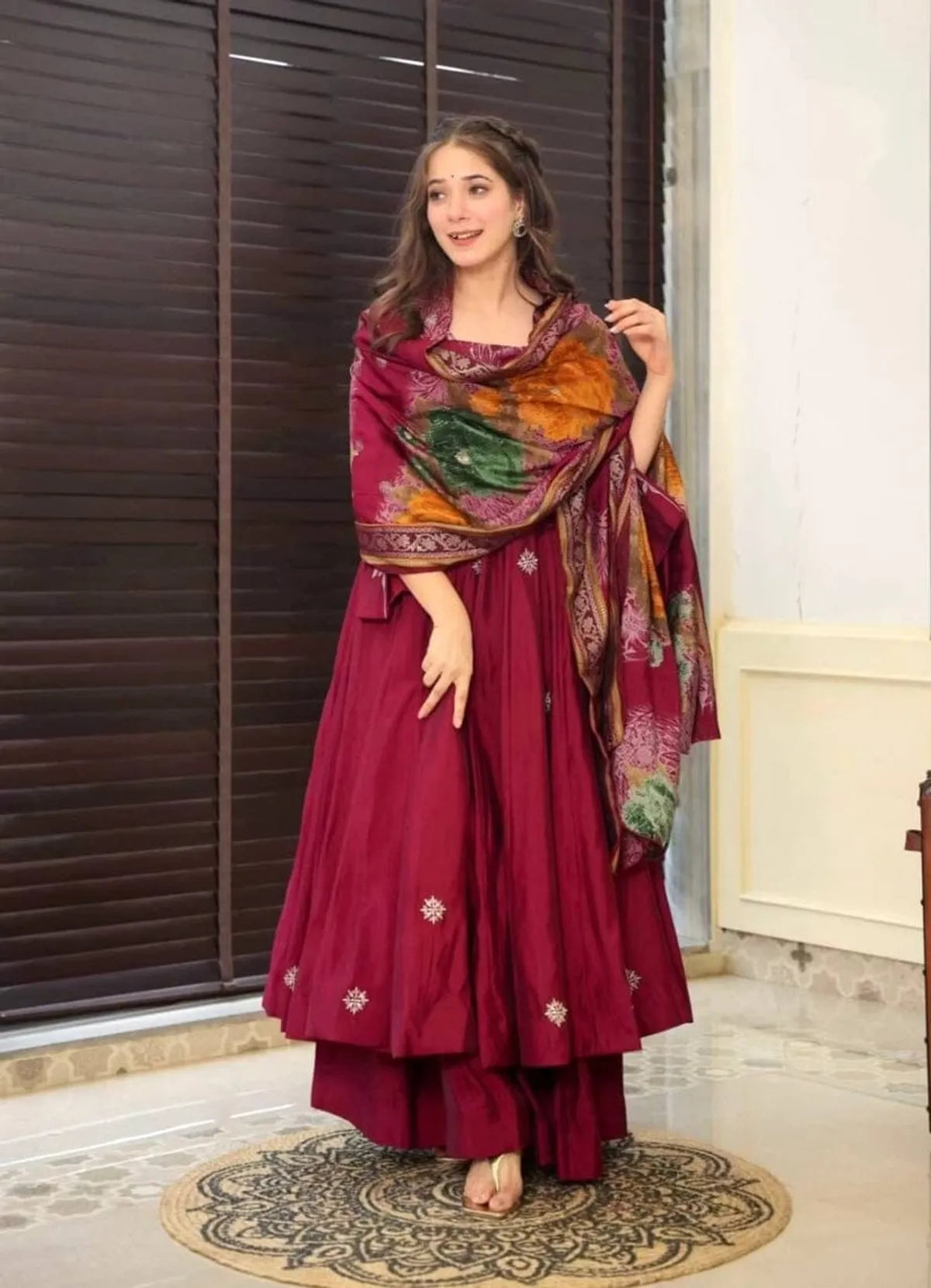 Classic Red Pure Muslin Fabric Gown and Pant Ensemble for Women with Comfortable Fit
