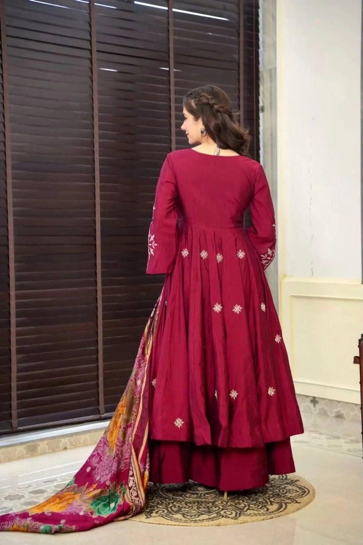 Classic Red Pure Muslin Fabric Gown and Pant Ensemble for Women with Comfortable Fit