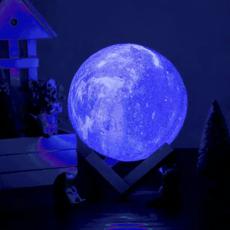 Bedroom Moon Lamp with 7 Color Touch Control Wooden Stand and Rechargeable Design