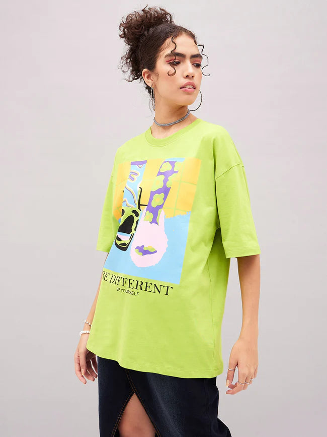 Oversized Graphic T-Shirt for Women Green Be Different Style