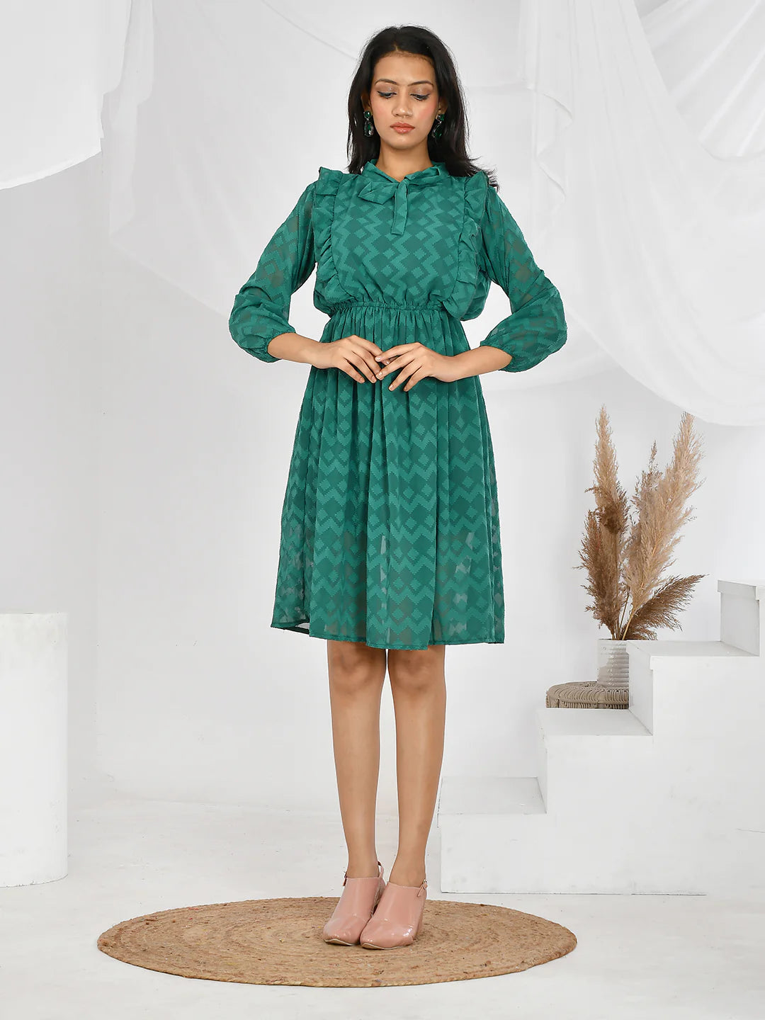 Modern Green Printed Party Wear Dress for Women Elegant Western Style Outfit