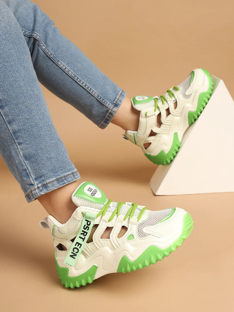 Fashionable White Green Lace-Up Chunky Sneakers Ideal for Everyday Casual Outfits
