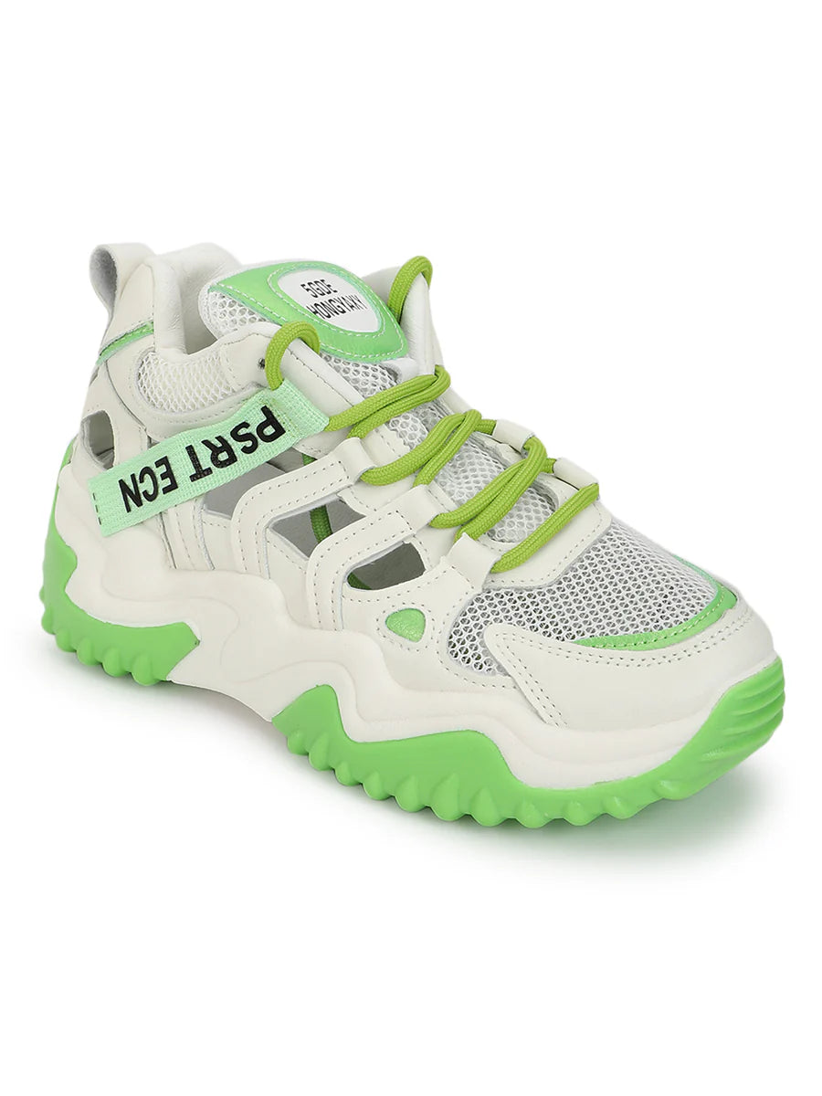 Fashionable White Green Lace-Up Chunky Sneakers Ideal for Everyday Casual Outfits