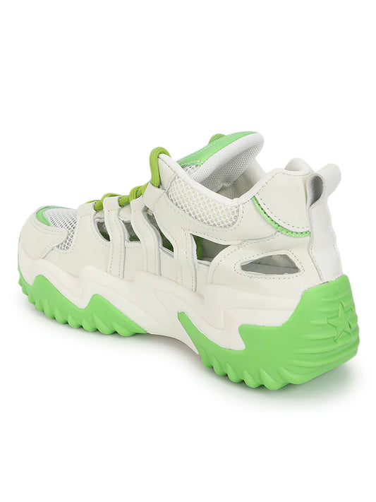 Fashionable White Green Lace-Up Chunky Sneakers Ideal for Everyday Casual Outfits