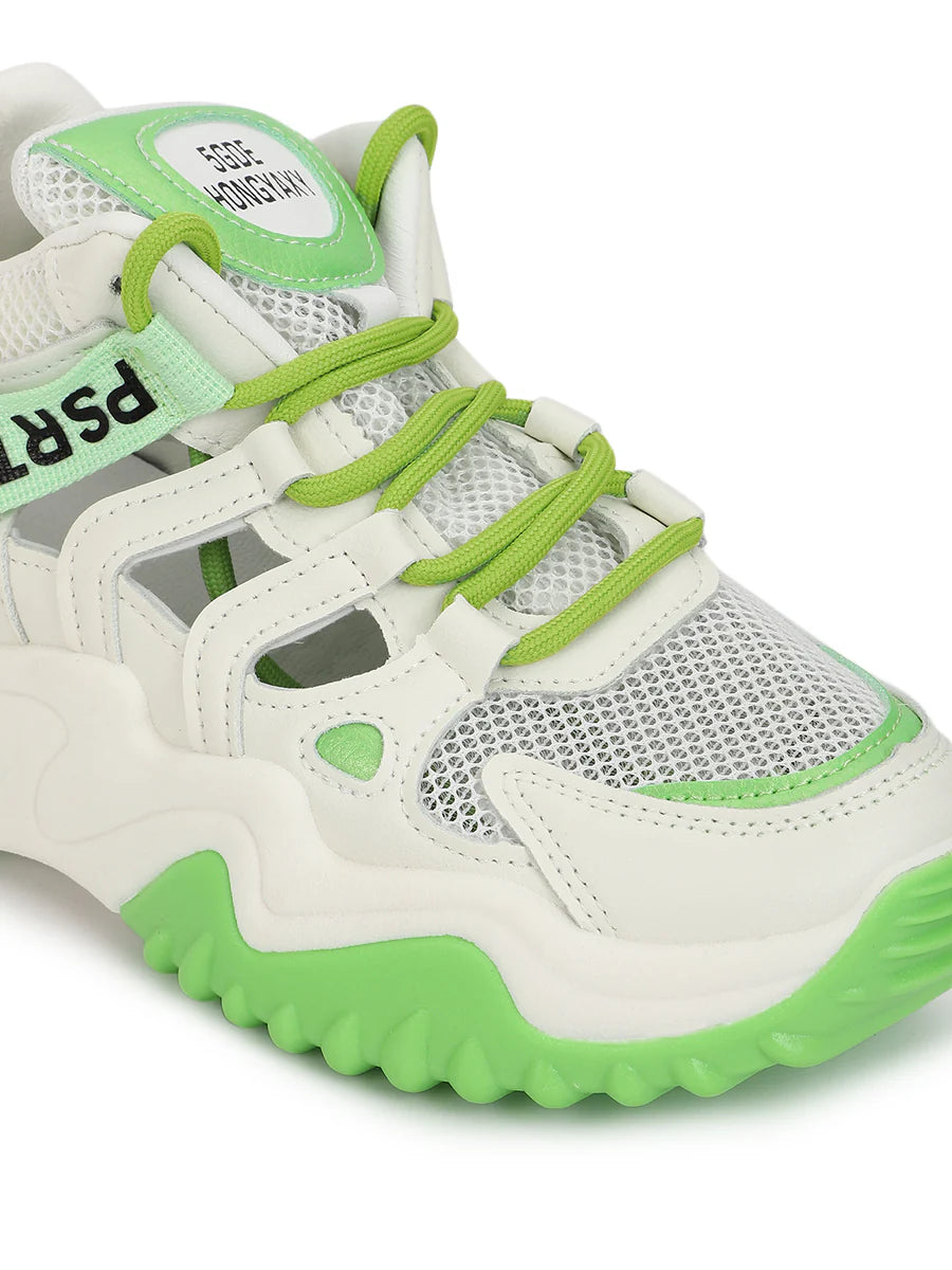 Fashionable White Green Lace-Up Chunky Sneakers Ideal for Everyday Casual Outfits