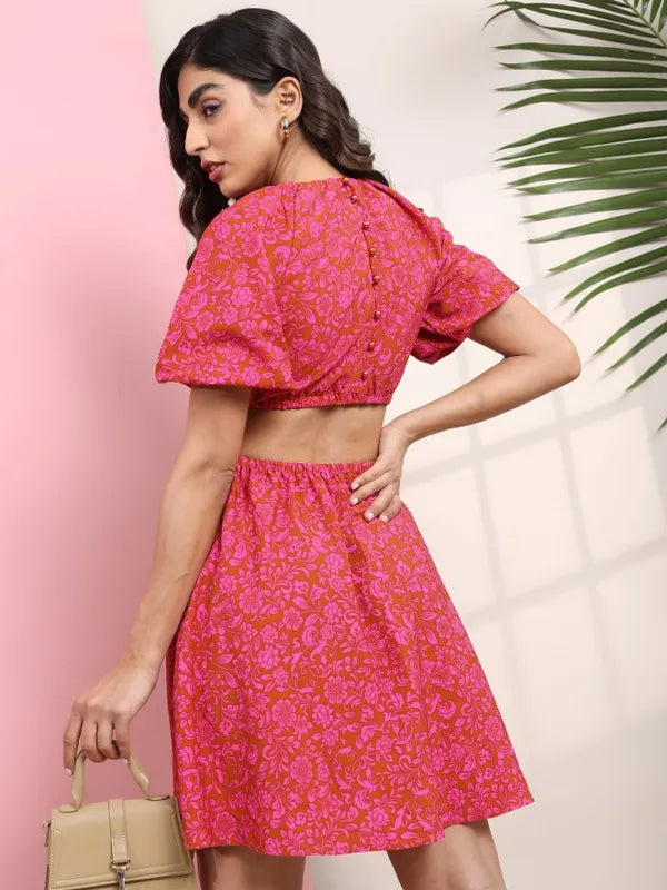 Coral Printed Women Fit and Flare Dress Elegant and Modern Outfit for Office and Daily Wear
