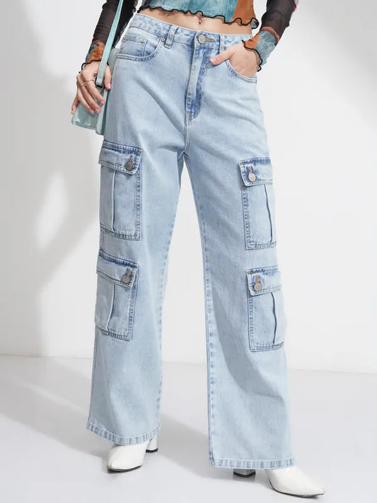 Comfortable Blue Dad Fit Jeans for Women with Relaxed Waist and Straight Leg