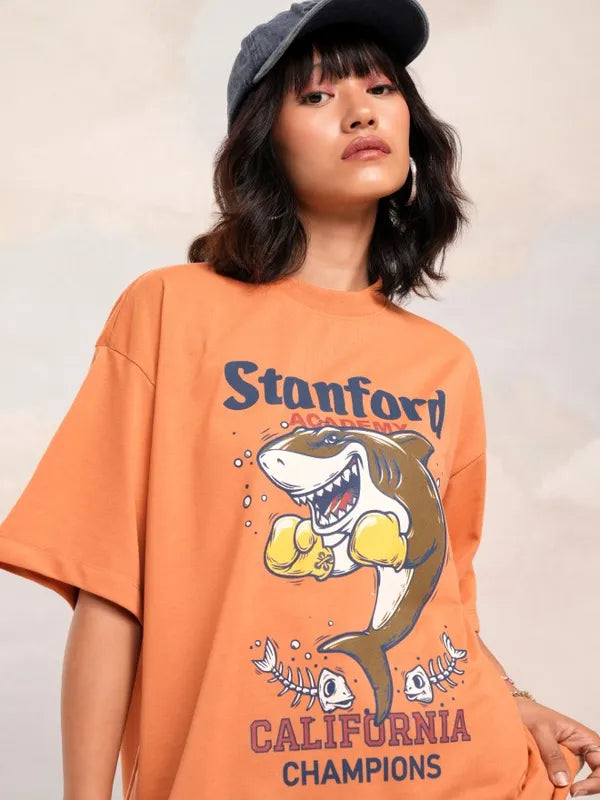 Trendy Orange Printed Oversized T-Shirt for Women Stylish and Casual Everyday Wear