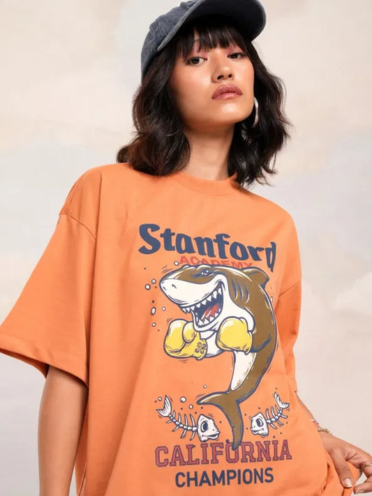 Trendy Orange Printed Oversized T-Shirt for Women Stylish and Casual Everyday Wear
