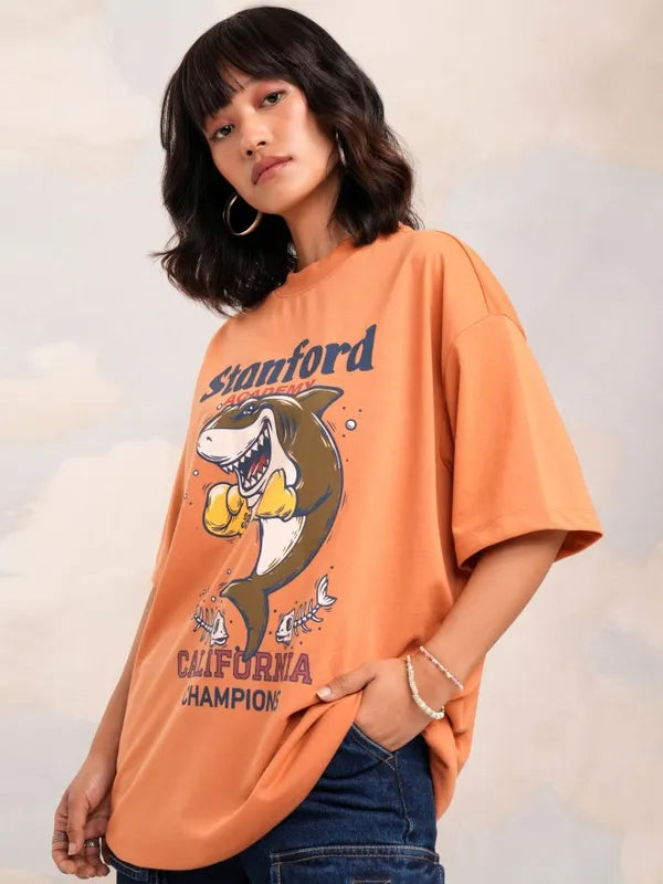 Trendy Orange Printed Oversized T-Shirt for Women Stylish and Casual Everyday Wear