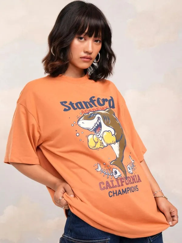 Trendy Orange Printed Oversized T-Shirt for Women Stylish and Casual Everyday Wear