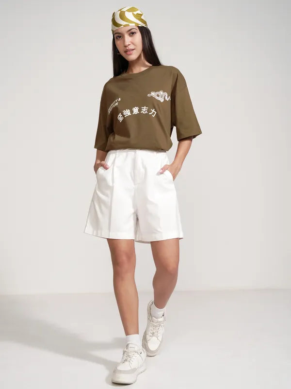 Brown Oversized Casual Printed T-Shirt for Women