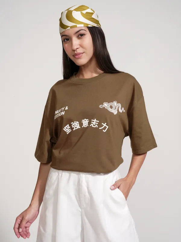 Brown Oversized Casual Printed T-Shirt for Women