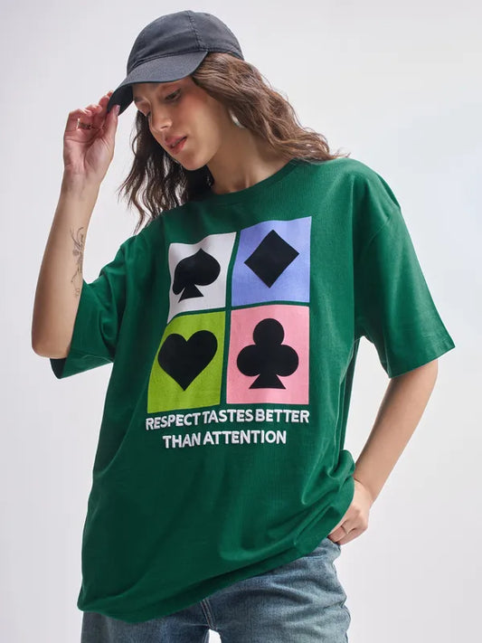 Comfortable Oversized Green T-Shirt with Printed Design Women’s Casual Wear Essential