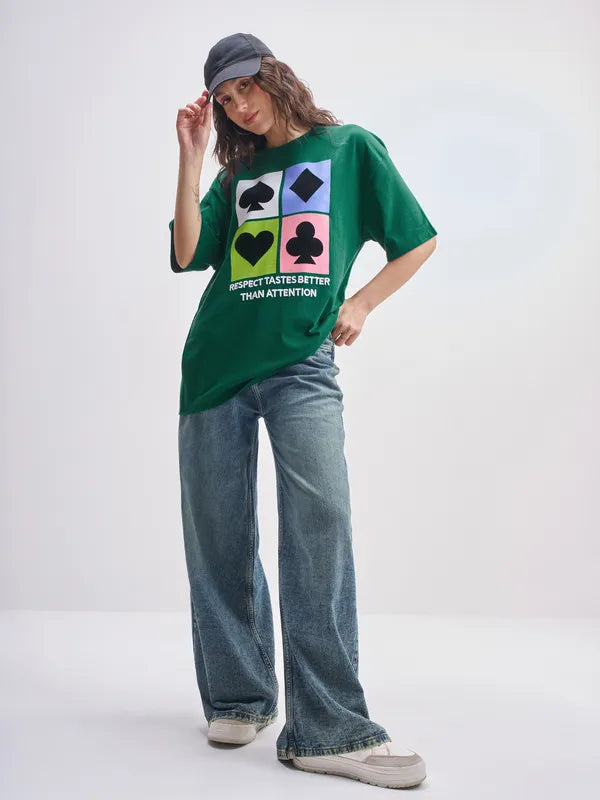 Comfortable Oversized Green T-Shirt with Printed Design Women’s Casual Wear Essential