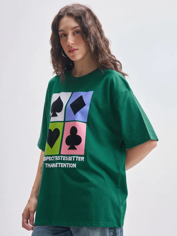 Comfortable Oversized Green T-Shirt with Printed Design Women’s Casual Wear Essential