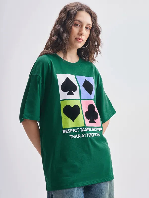 Comfortable Oversized Green T-Shirt with Printed Design Women’s Casual Wear Essential