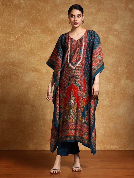 Graceful Zari and Sequin Detailed Ethnic Kaftan Trouser Set for Women