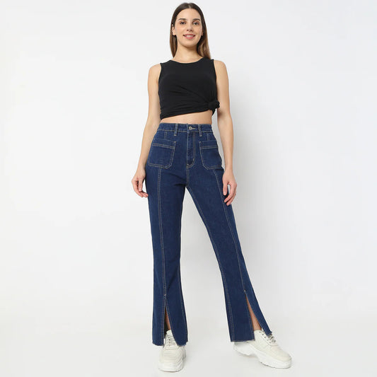 Chic Solid Bootcut High-Rise Jeans with Full Length, Front Slit & Patch Pocket for Women