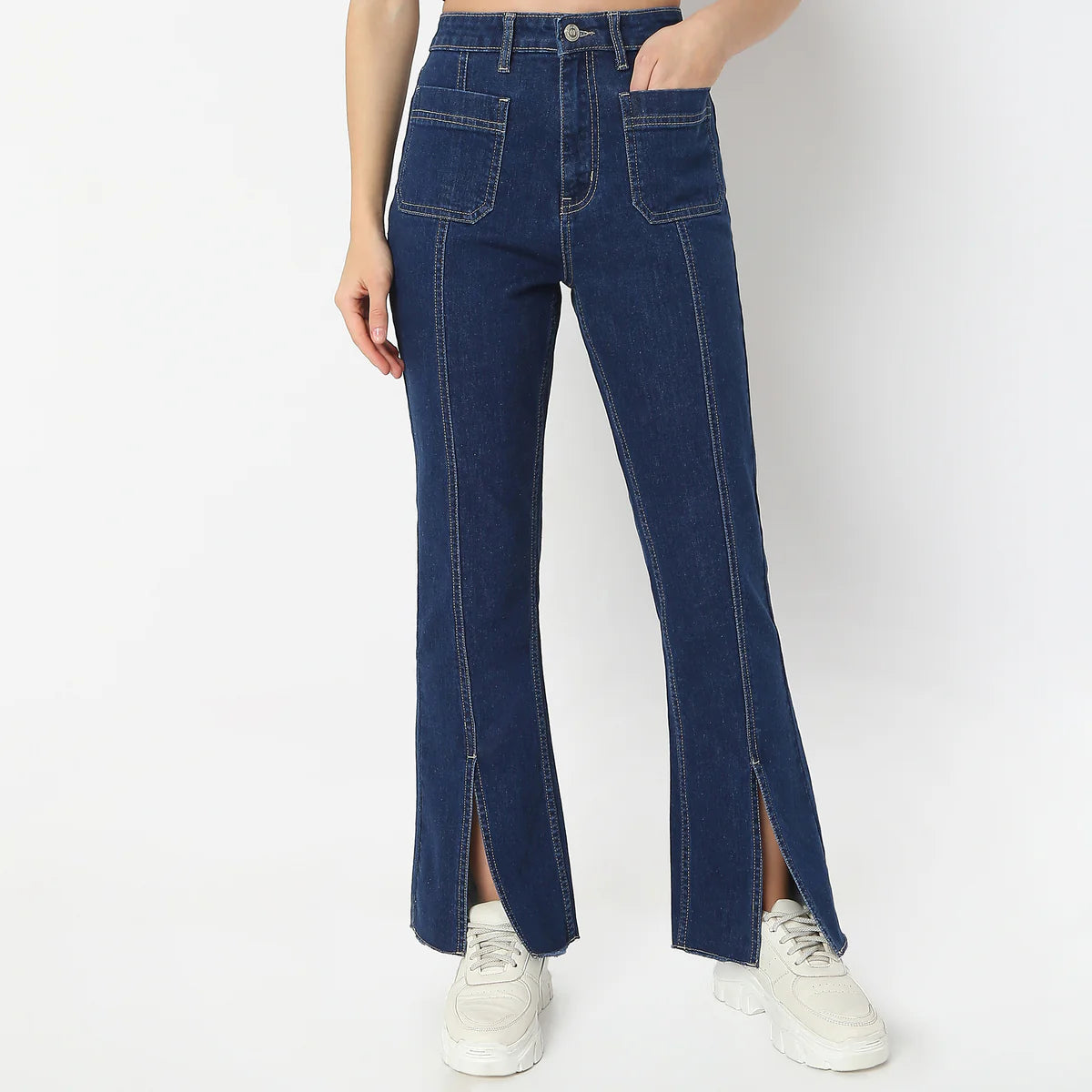 Chic Solid Bootcut High-Rise Jeans with Full Length, Front Slit & Patch Pocket for Women