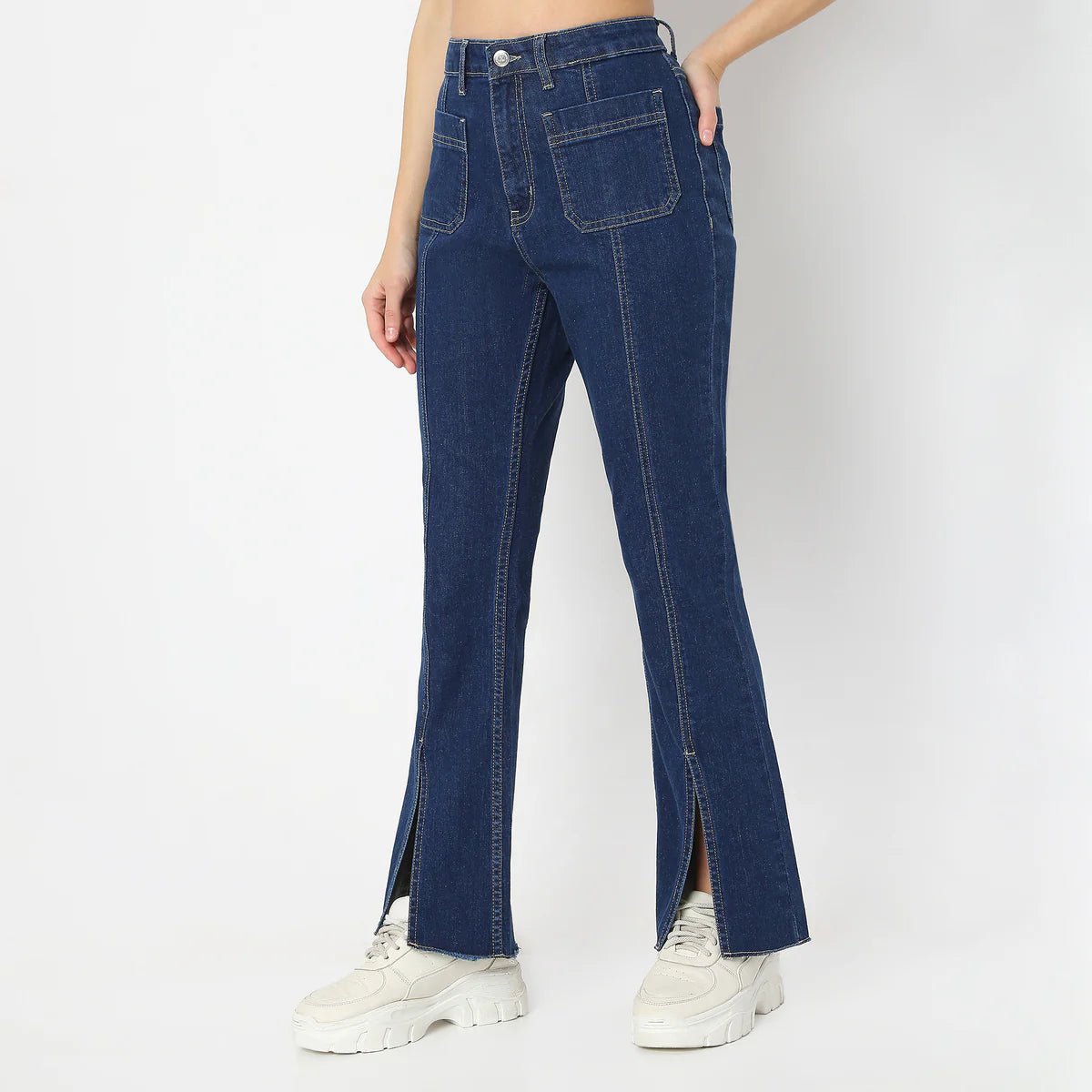 Chic Solid Bootcut High-Rise Jeans with Full Length, Front Slit & Patch Pocket for Women