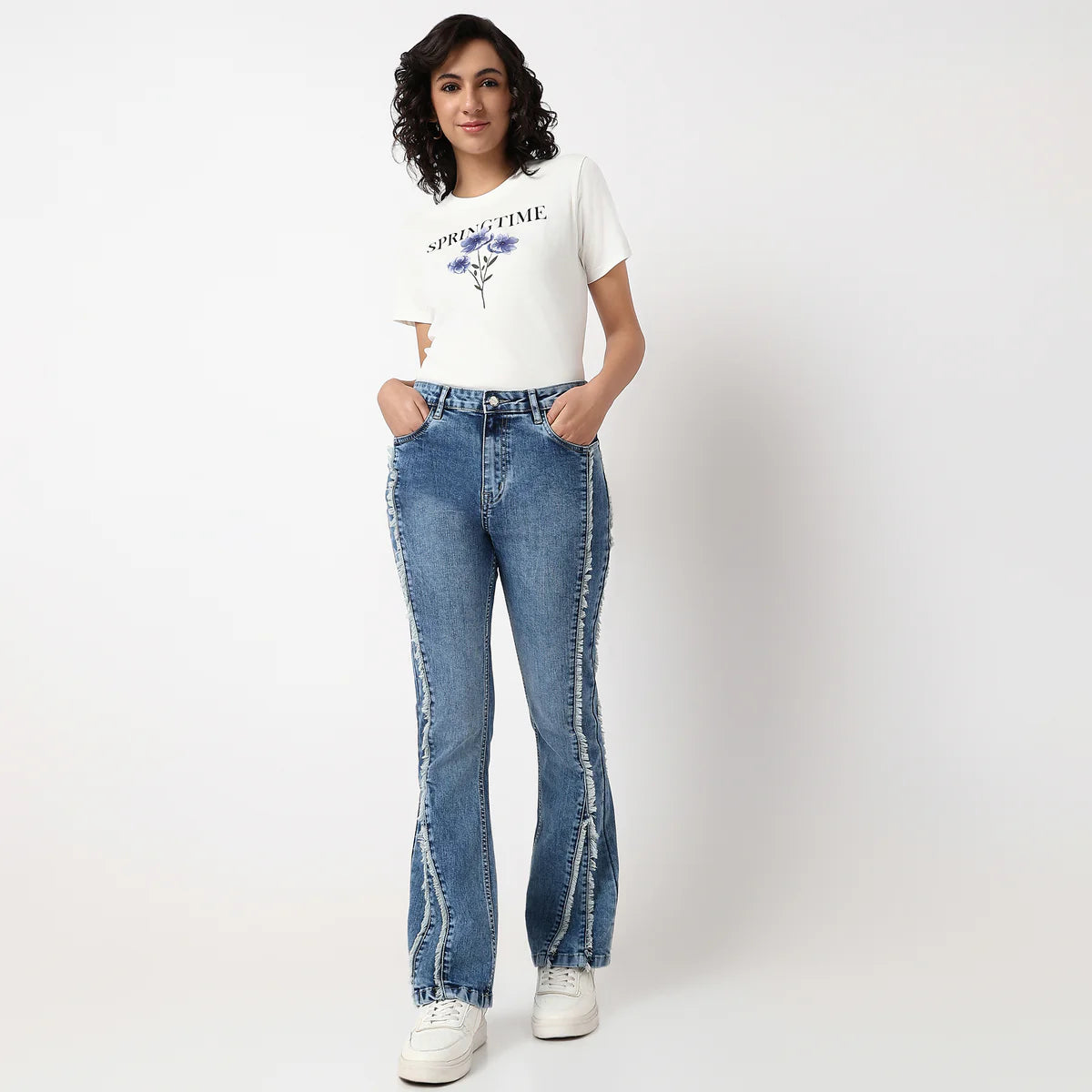 Slim Fit Frilled High-Waist Bootcut Jeans for Women with Trendy Look