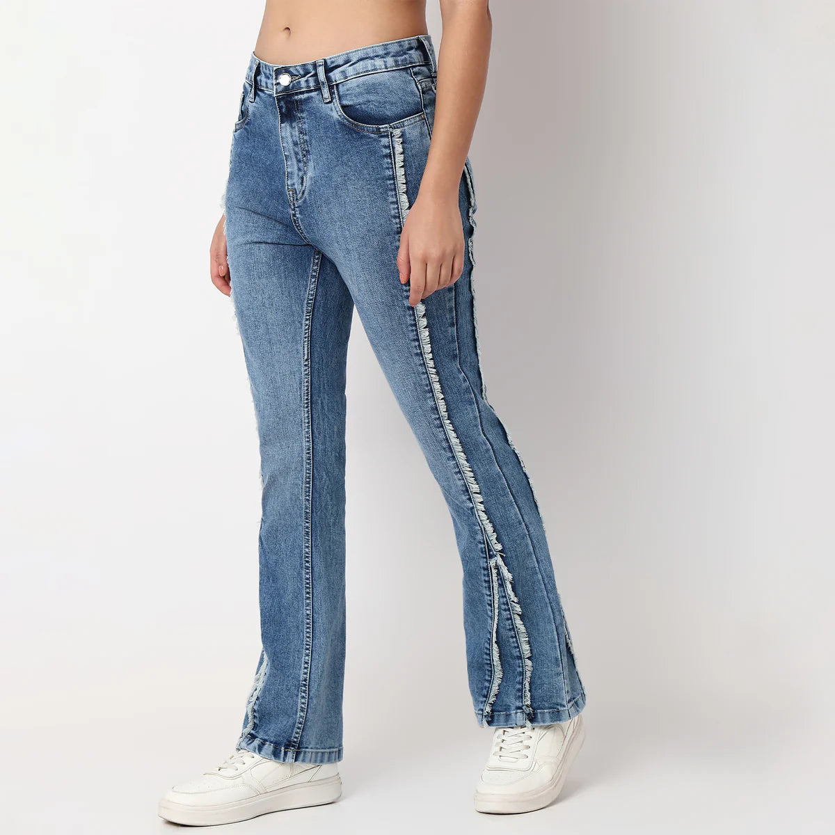 Slim Fit Frilled High-Waist Bootcut Jeans for Women with Trendy Look