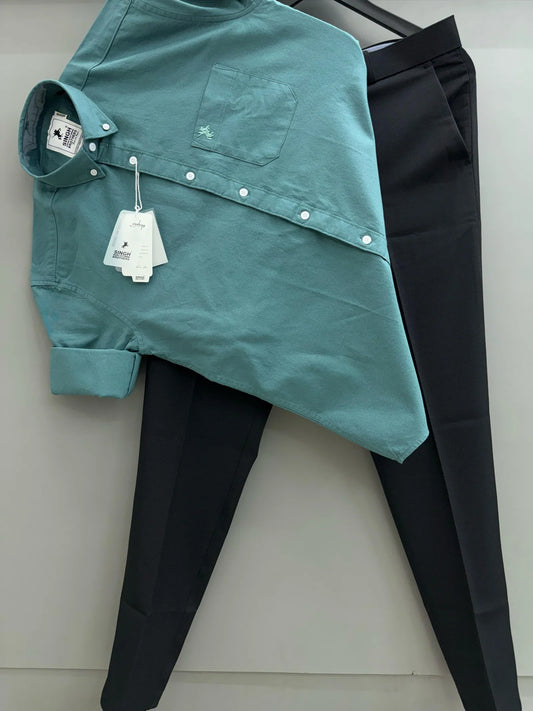 Turquoise Cotton Oxford Shirt with Black Formal Pant Stylish Men’s Outfit for Professional Settings