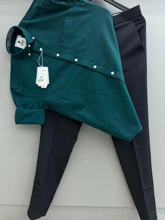 Men’s Outfit Combining Bottle Green Cotton Oxford Shirt with Black Formal Pant for Stylish Look and Everyday Comfort