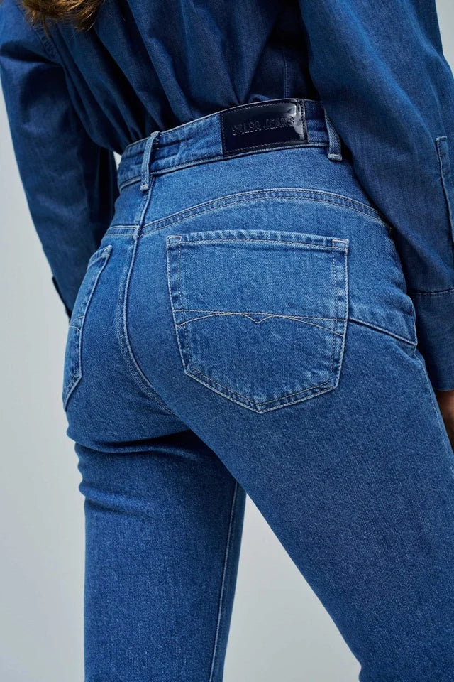 Contemporary Faith Flare Jeans with Push-In Waist and Stylish Detailing
