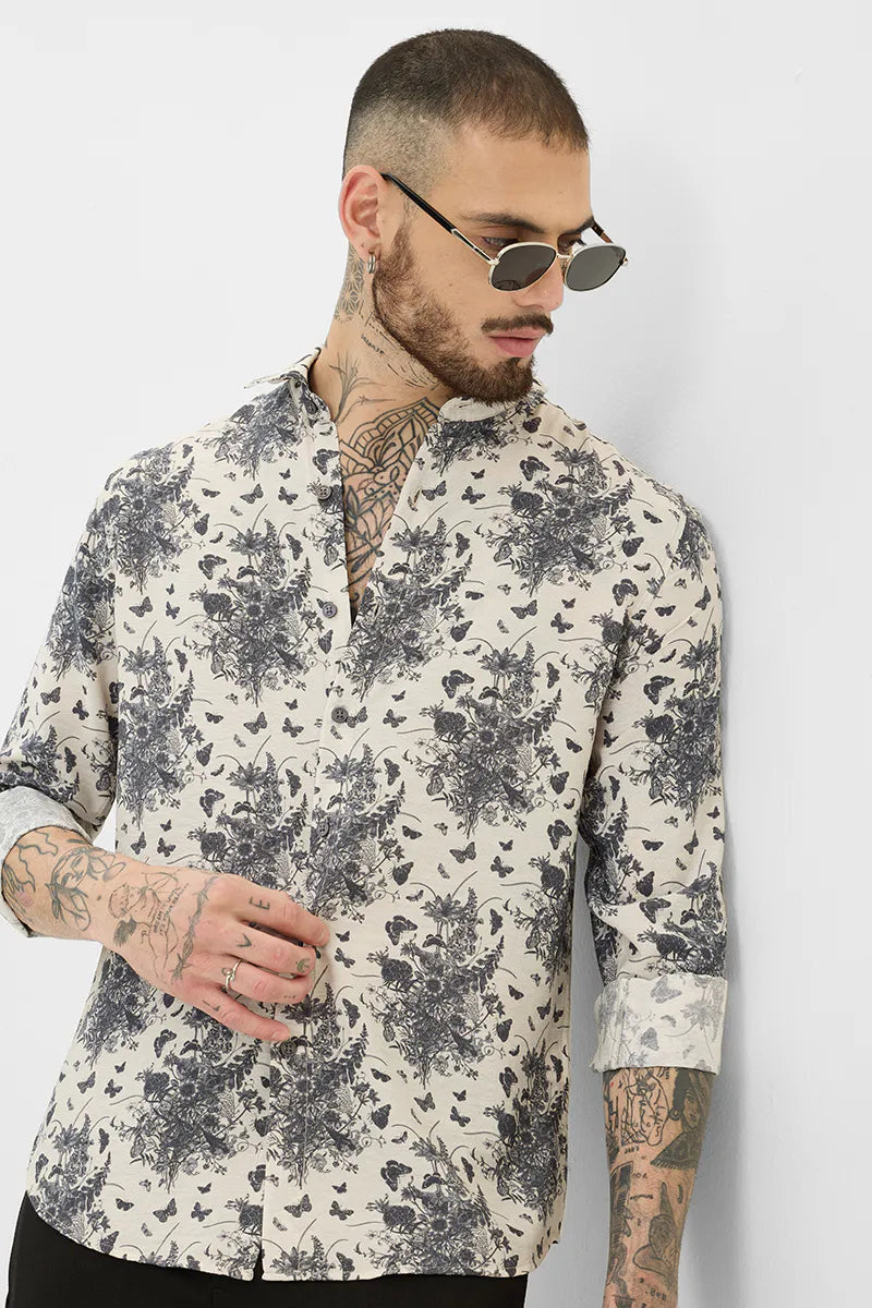 Elegant Slim Fit Cream Shirt with Subtle Printed Detailing Perfect for Everyday Wear