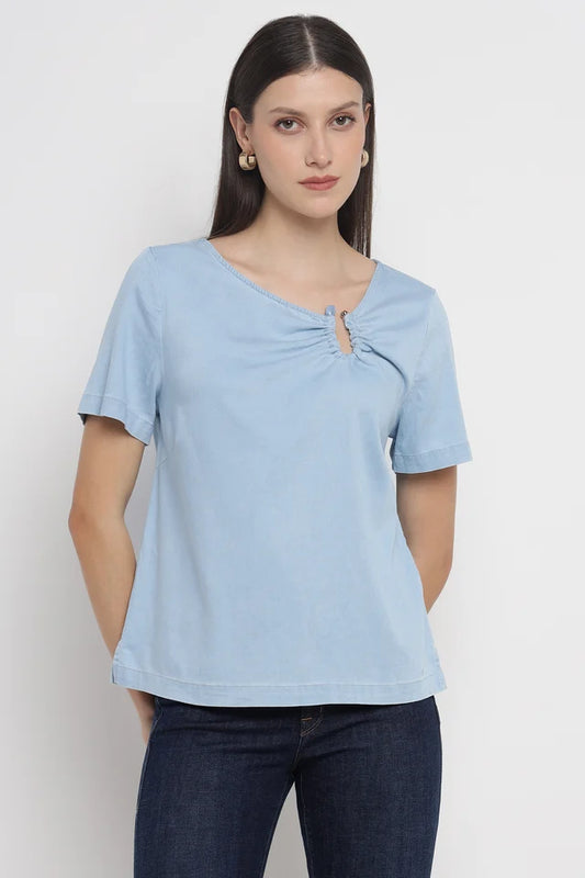 Chic Light Denim Metallic Blouse for Everyday Wear