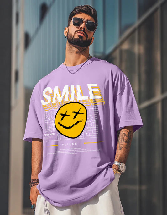Lilac Oversized T-Shirt with Smile Chest Graphic Print Comfortable and Trendy
