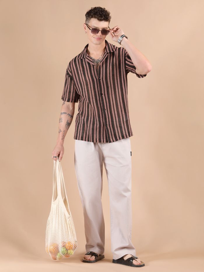 Premium Women’s Mauve Stripe Shirt with Delicate Crochet and Comfortable Half Sleeves