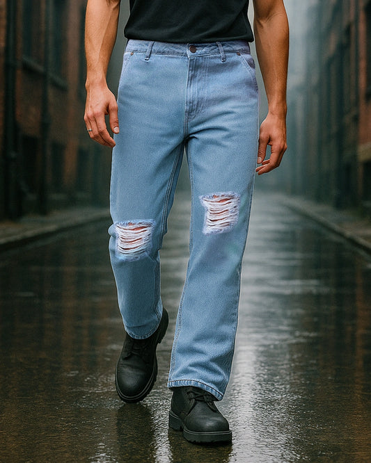 Stylish Mens Loose Fit Blue Cut & Sew Denim Jeans Cotton Blend Everyday Use