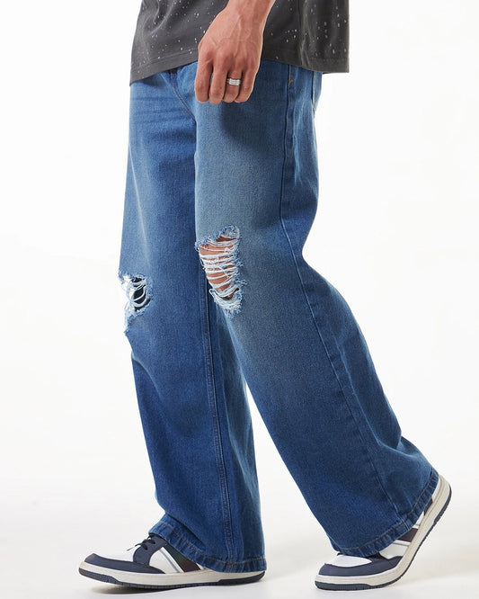 Men’s Blue Washed Baggy Fit Distressed Mid Rise Jeans Trendy Stylish Denim for Work, Parties, and Weekend Outings