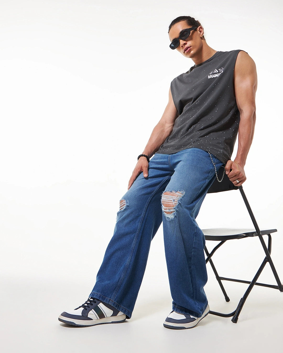 Men’s Blue Washed Baggy Fit Distressed Mid Rise Jeans Trendy Stylish Denim for Work, Parties, and Weekend Outings