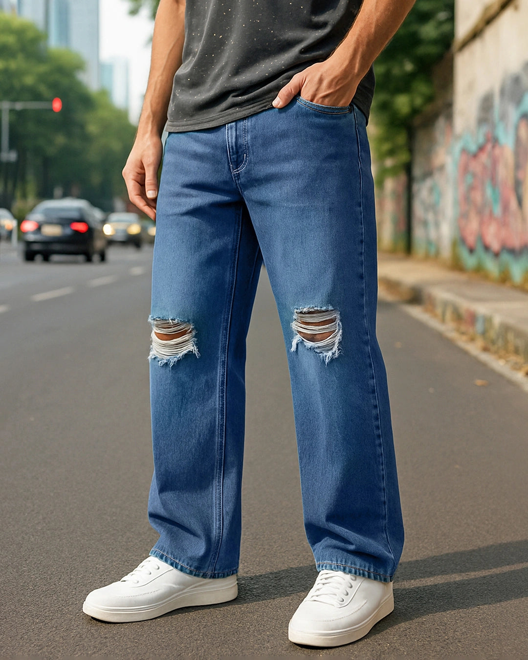 Men’s Blue Washed Baggy Fit Distressed Mid Rise Jeans Trendy Stylish Denim for Work, Parties, and Weekend Outings