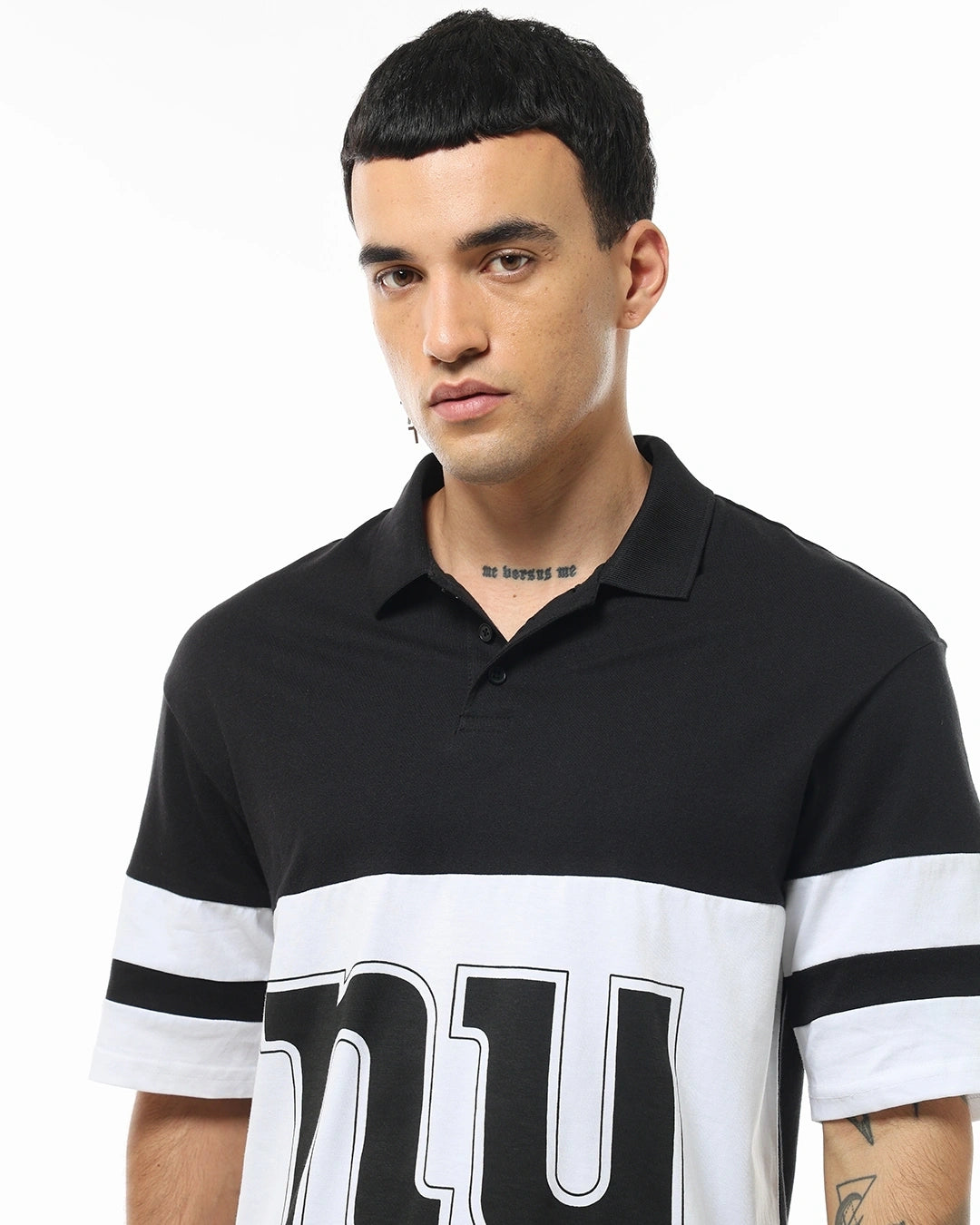 White Black Color Block Polo T Shirt Mens Oversized Streetwear