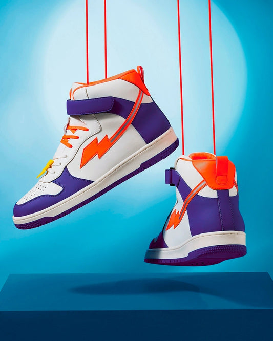 Stylish White and Blue High Top Sneakers for Men Featuring Bolt Color Block Design for Modern Streetwear
