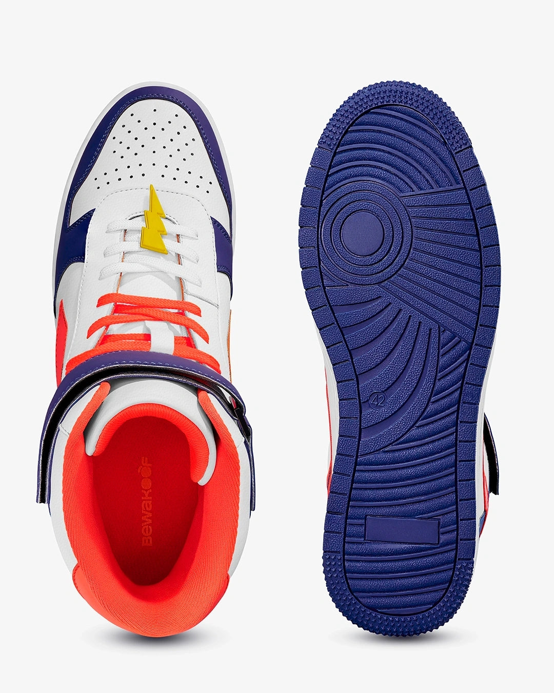 Stylish White and Blue High Top Sneakers for Men Featuring Bolt Color Block Design for Modern Streetwear