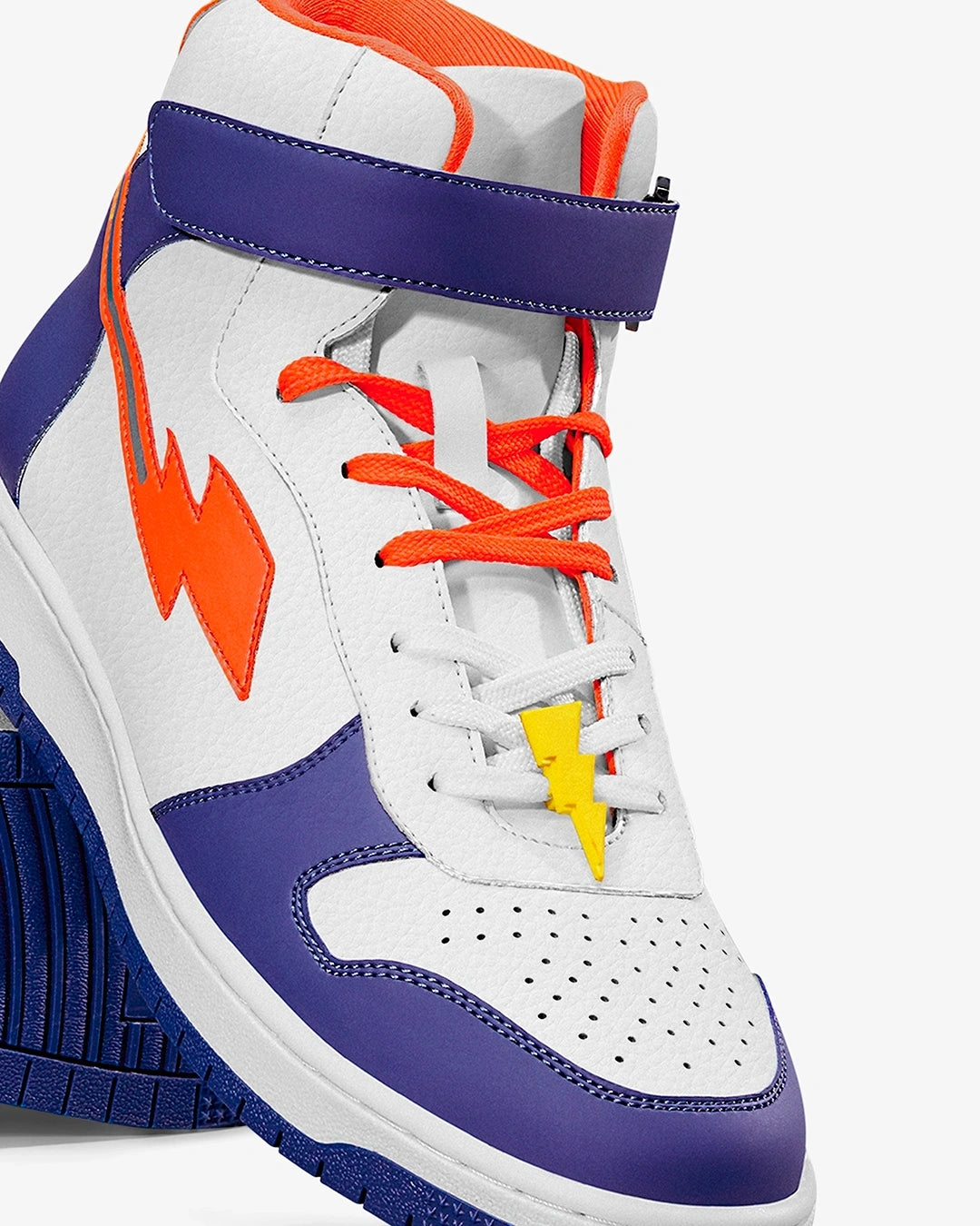 Stylish White and Blue High Top Sneakers for Men Featuring Bolt Color Block Design for Modern Streetwear
