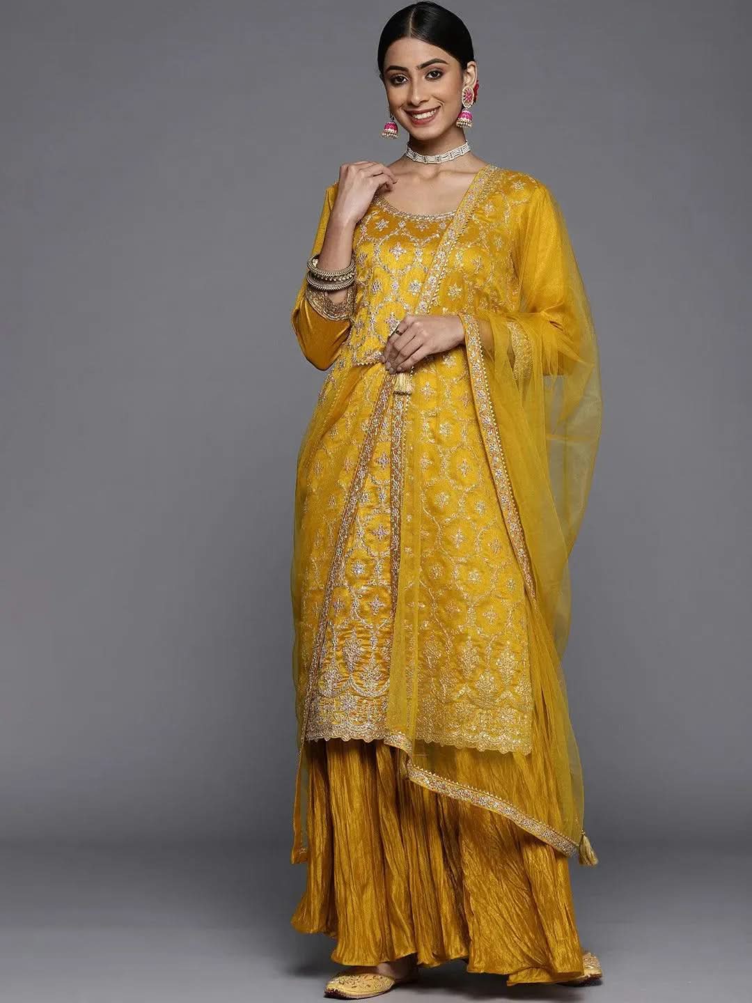 Designer Mustard Pakistani Suit with Silk Blend Embroidery